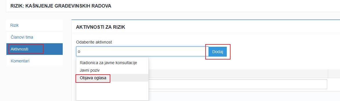 Dodavanje aktivnosti riziku