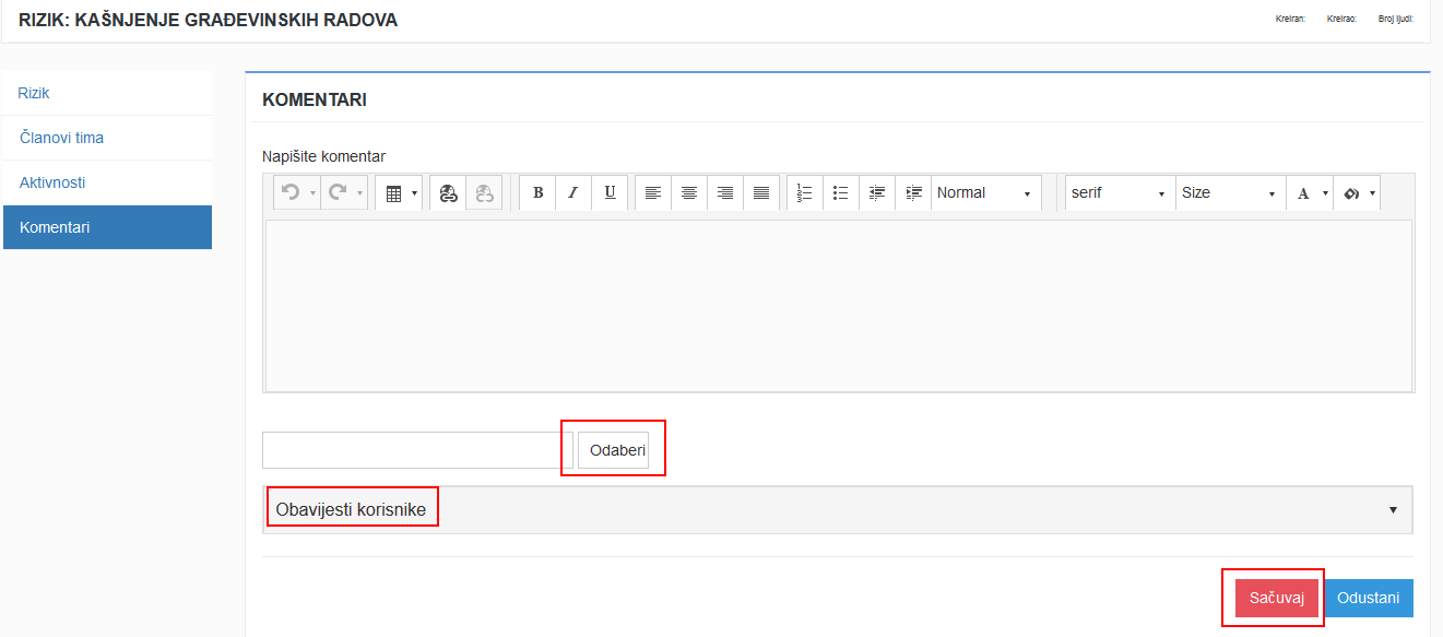 Opcija komentari u okviru rizika