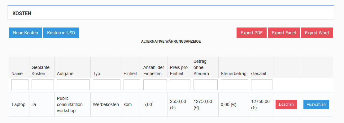 Kosten in alternativer Währung