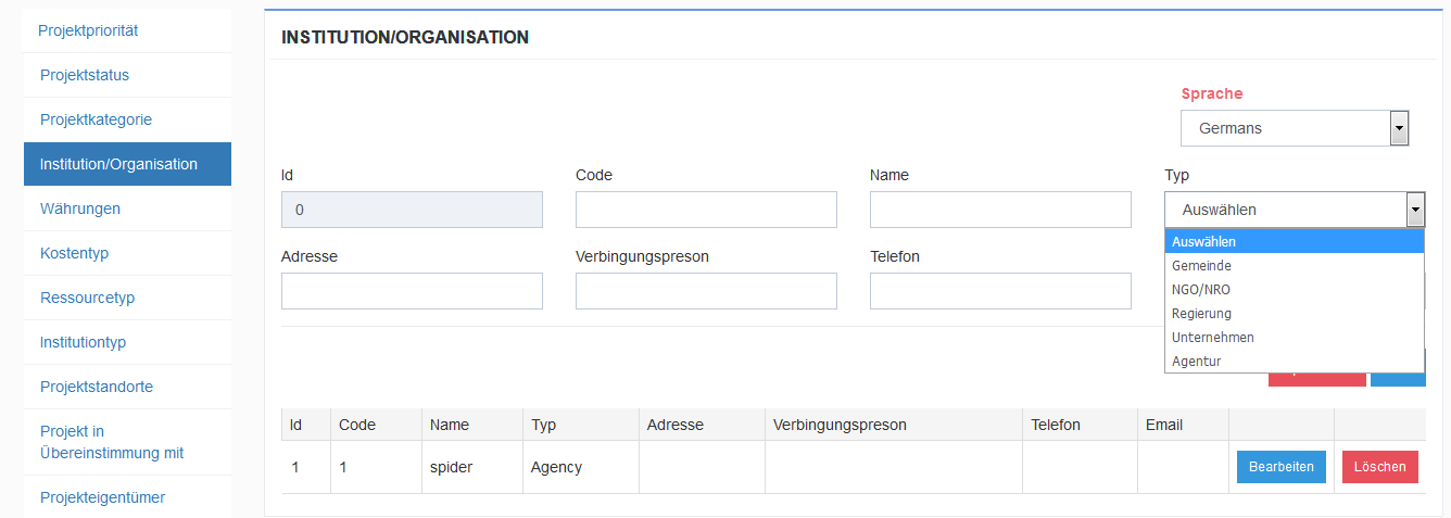 Organisation/den Firmentyp