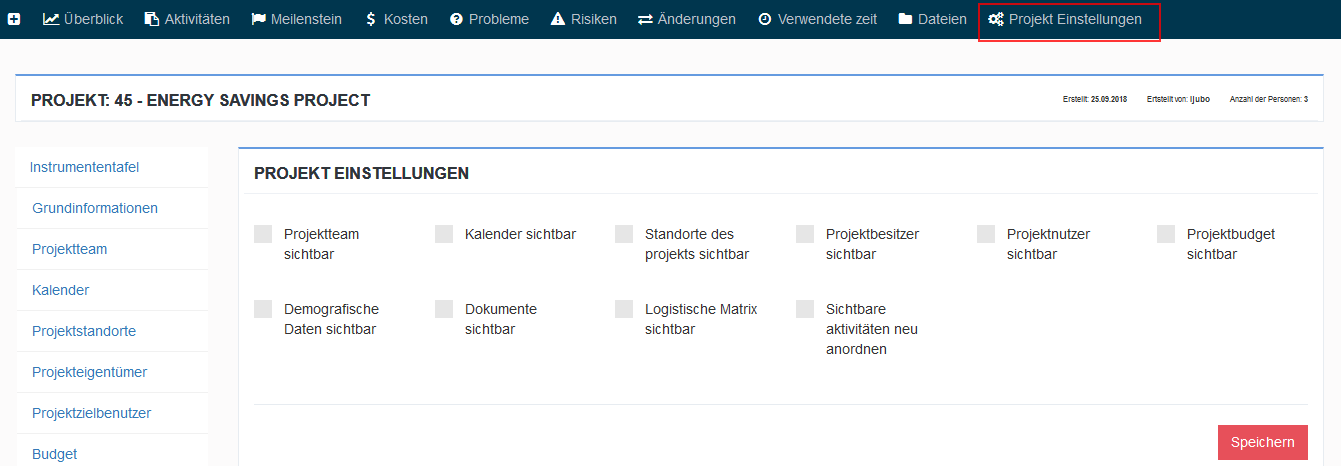 Option Projekt Einstellungen