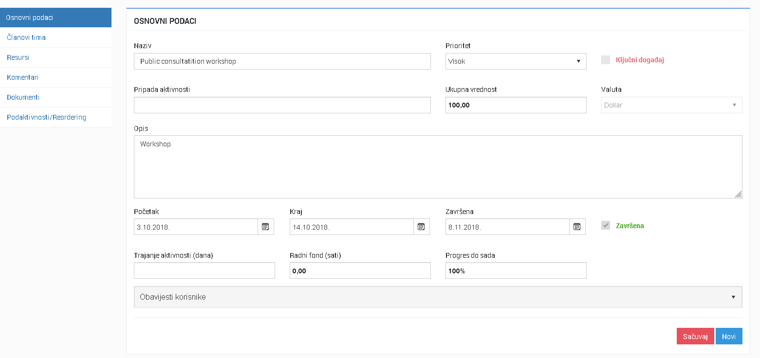 Nova aktivnost na projektu