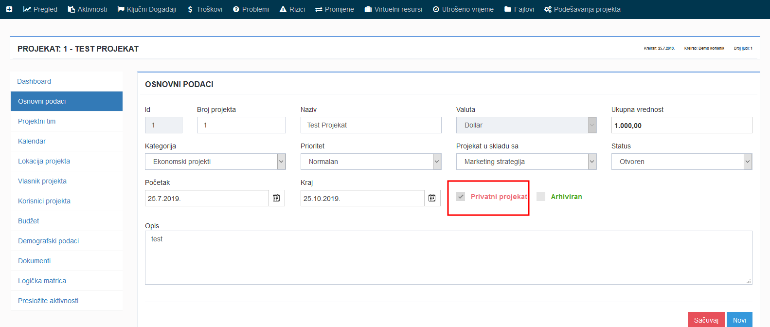 opcija privatni projekat